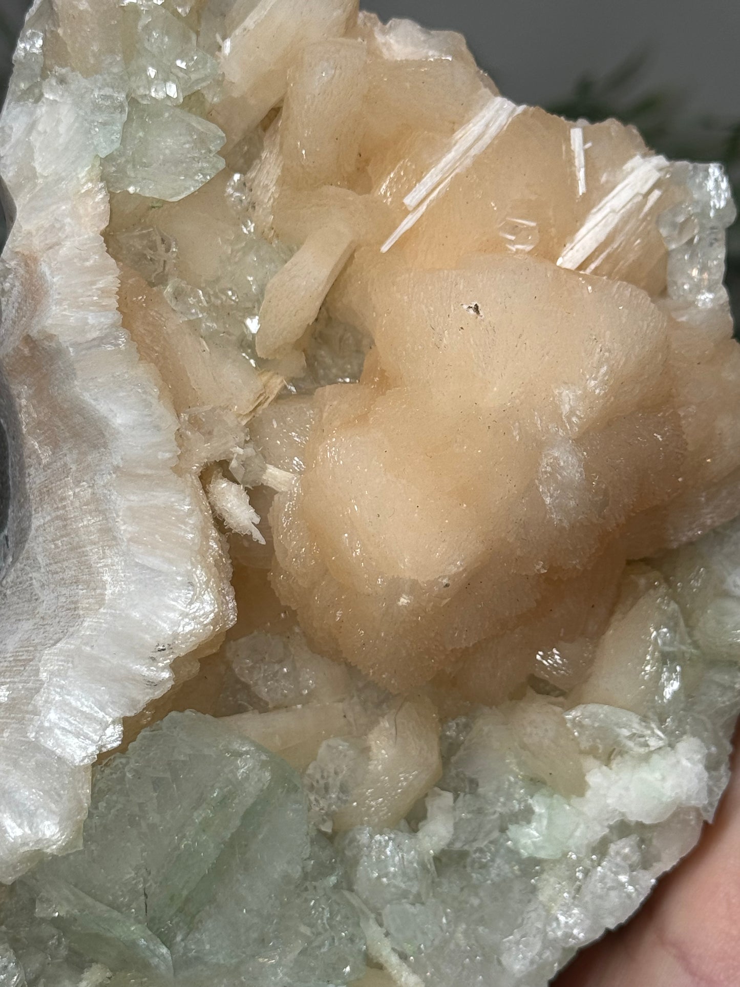 Green Apophyllite, peach Stilbite - India