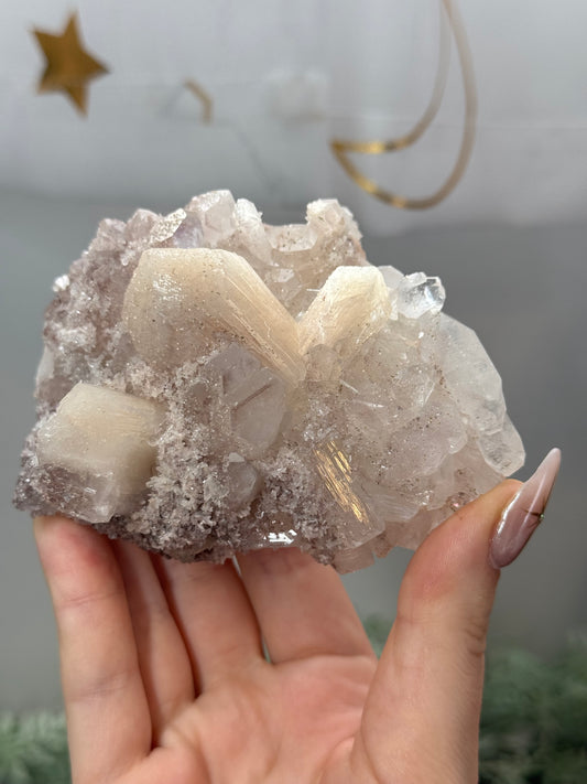 Phantom diamond apophyllite with sparkly pink chalcedony and stilbite - India