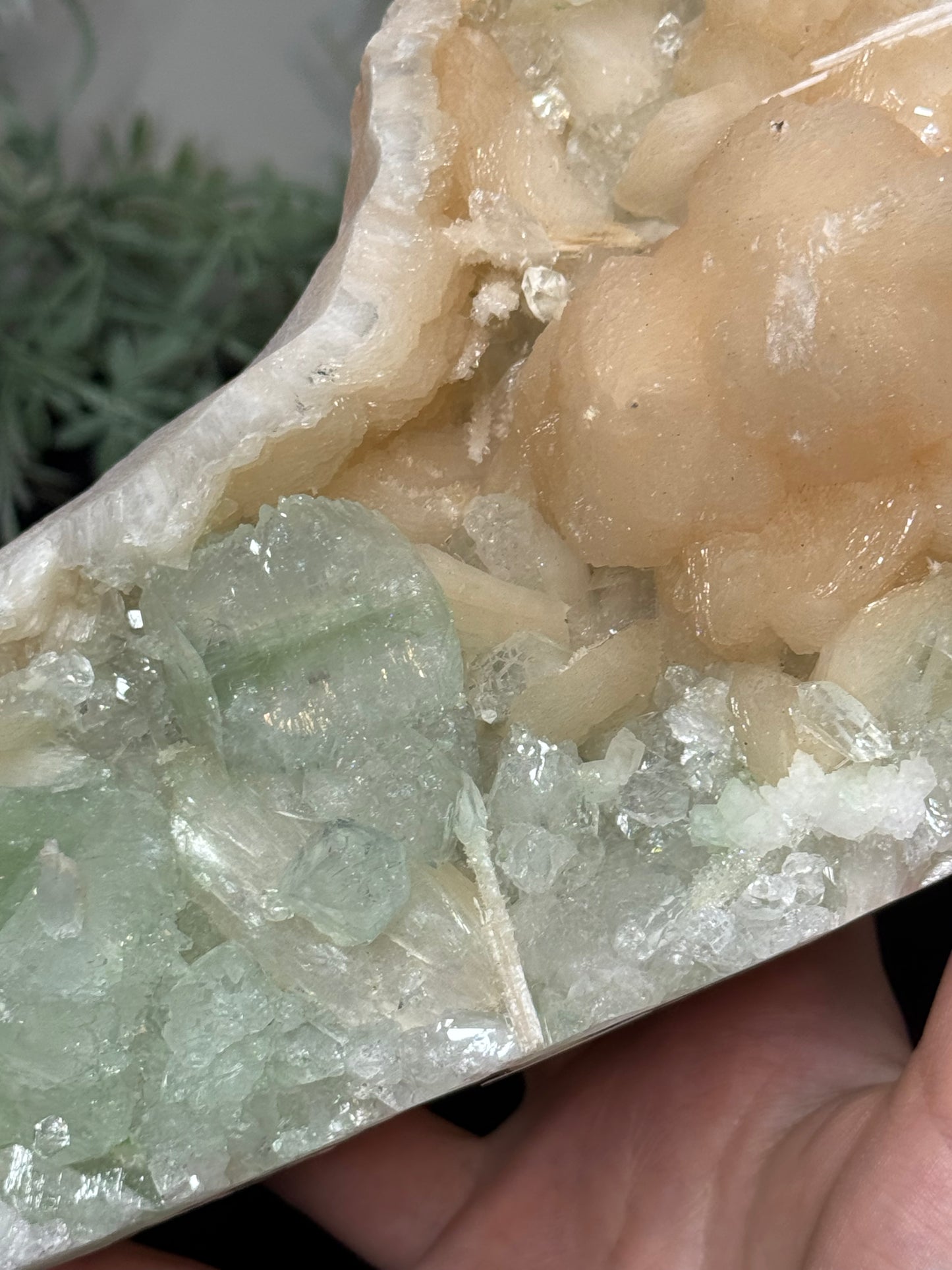Green Apophyllite, peach Stilbite - India