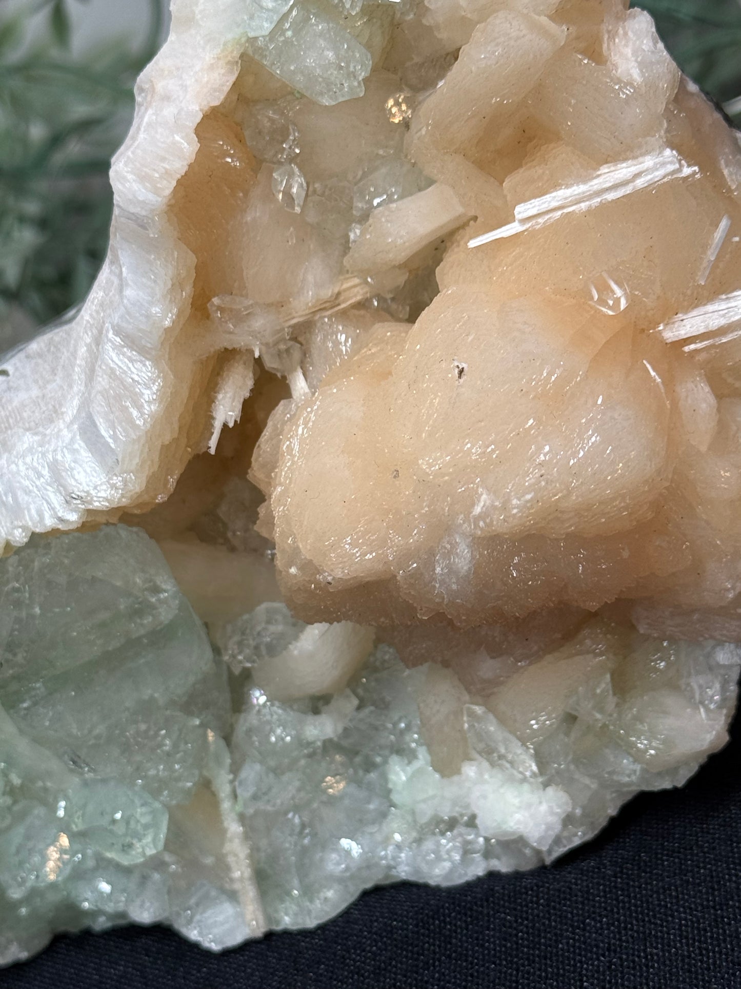 Green Apophyllite, peach Stilbite - India