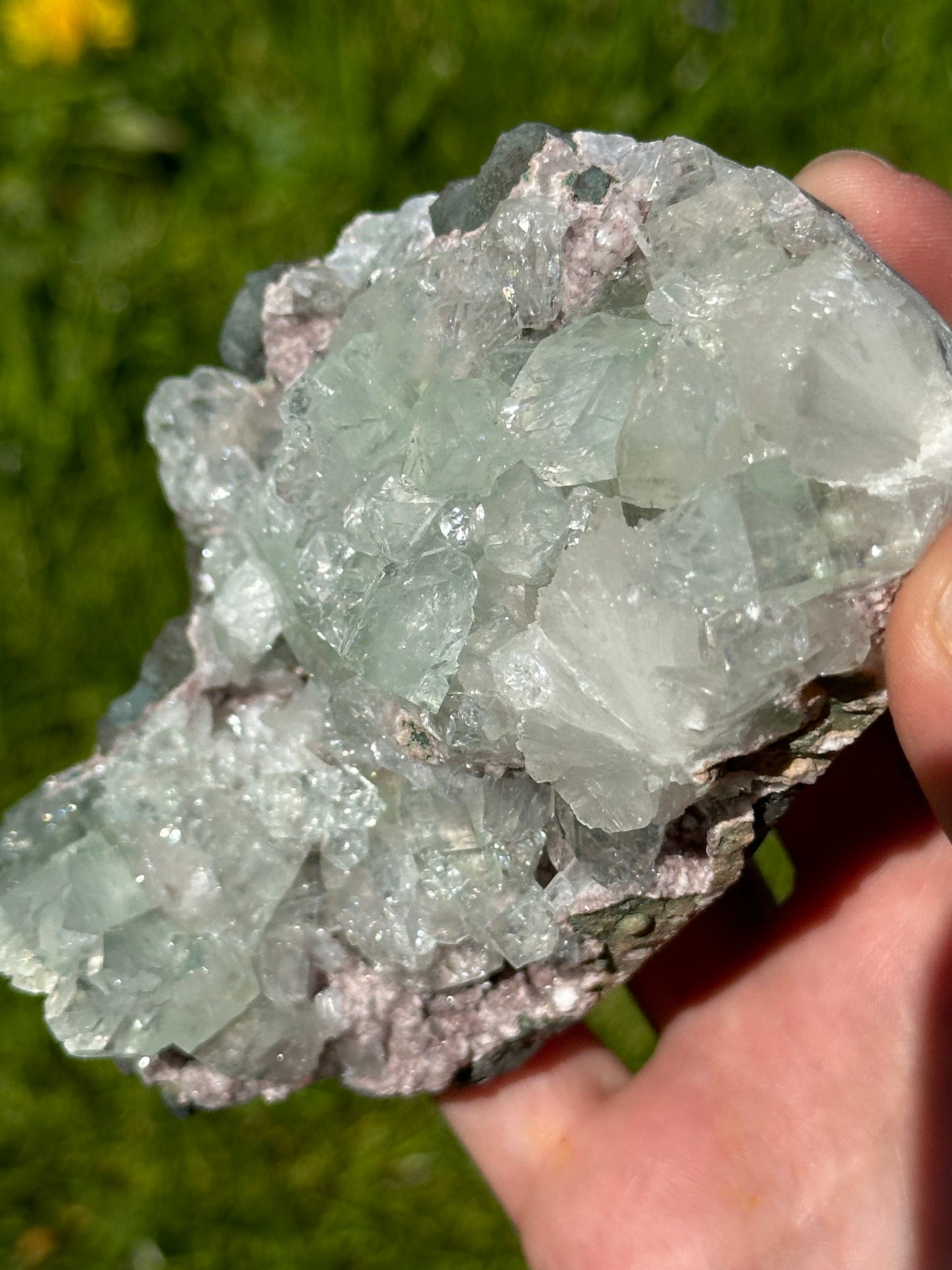 Green apophyllite with pink chalcedony | India