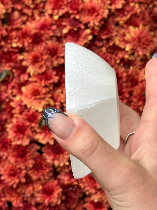 Satin spar selenite moon bowl - small