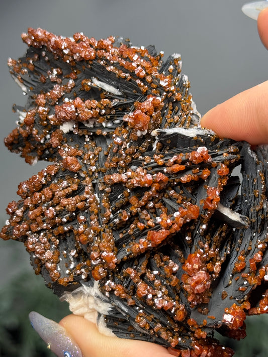 Vanadinite on black barite- Morocco