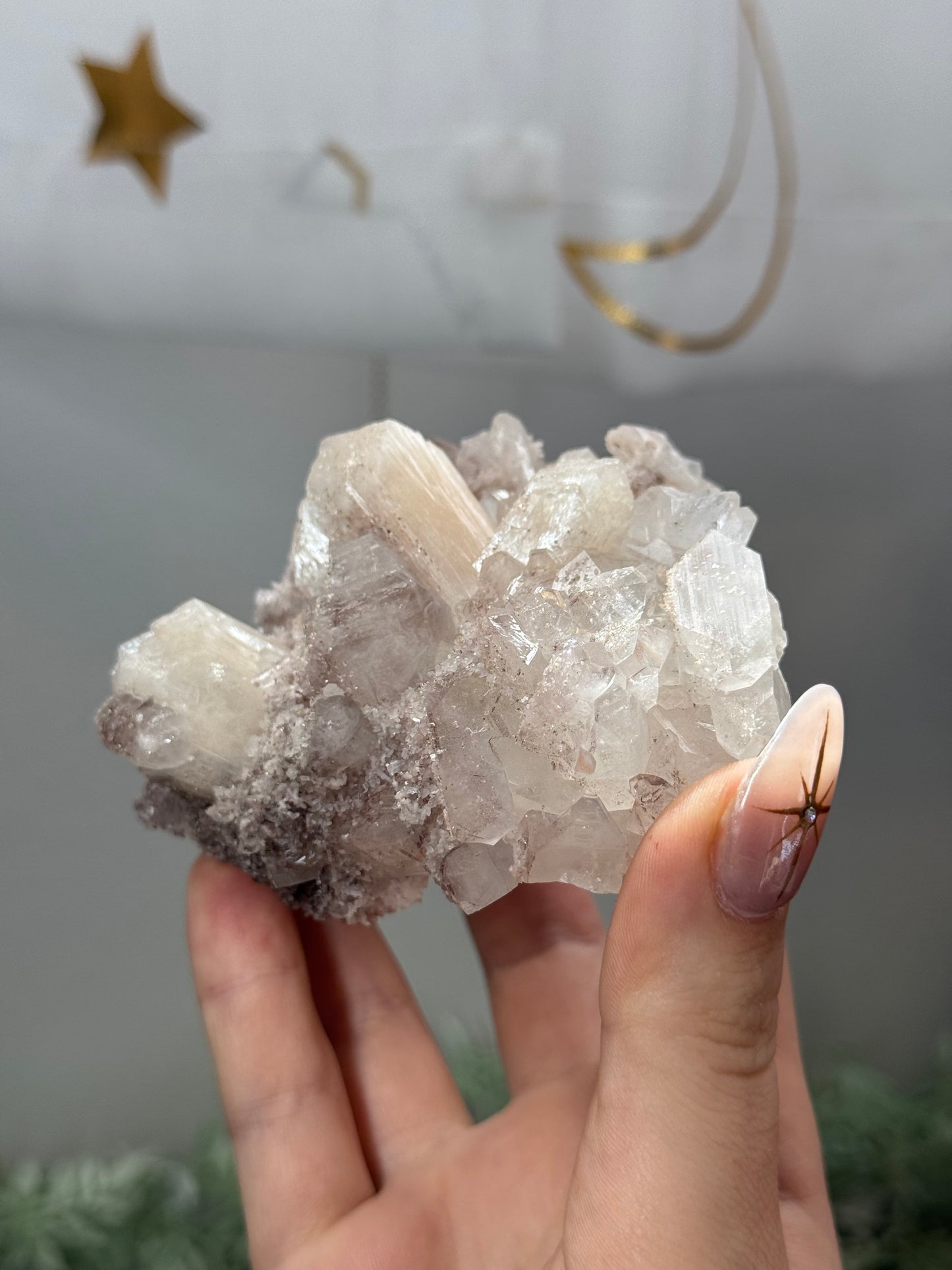 Phantom diamond apophyllite with sparkly pink chalcedony and stilbite - India