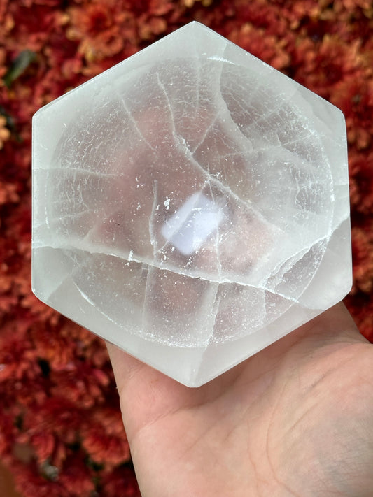 Satin spar selenite hexagon bowl - medium