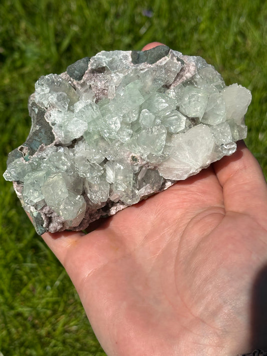 Green apophyllite with pink chalcedony | India