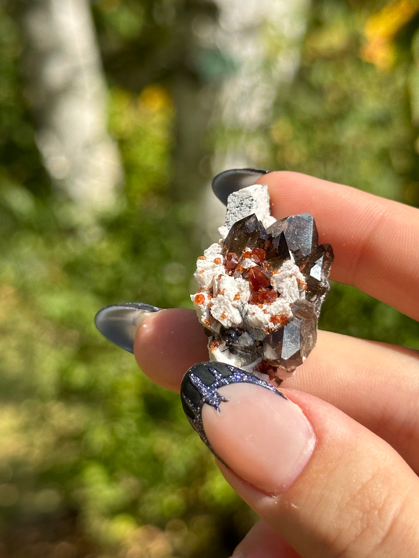 Spessartine Garnet and Smokey Quartz on Feldspar