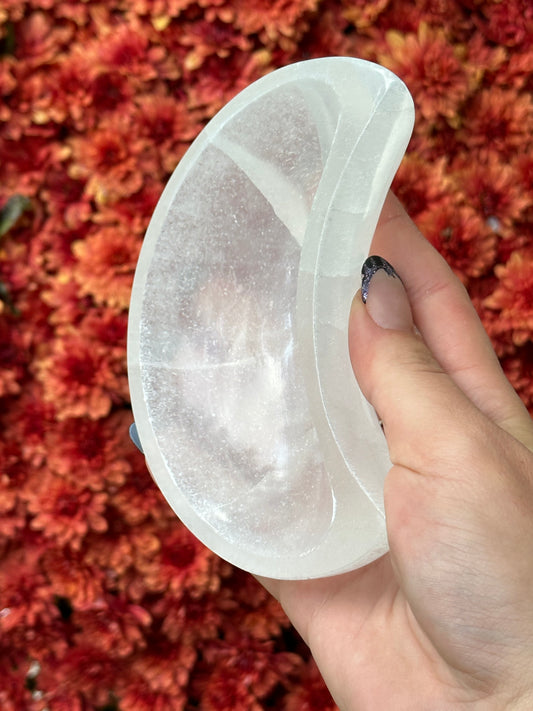 Satin spar selenite moon bowl - medium