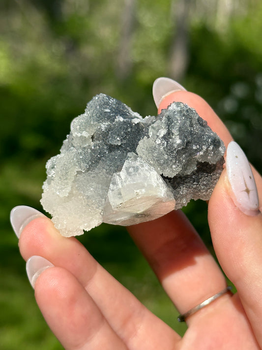 Black chalcedony with gemmy apophyllite - M