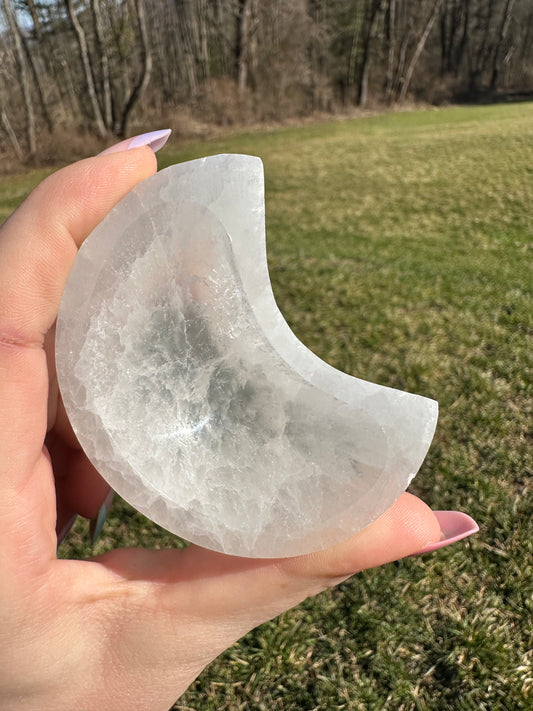 Small Satin Spar Selenite Moon Bowl