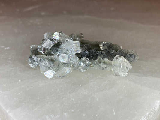 Black chalcedony with gemmy apophyllite - A